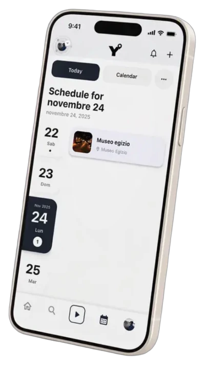 Calendario di Yory: lunedì 24 novembre evidenziato e lo spot Museo Egizio sabato 22.